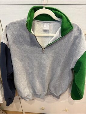 TNA women’s  Gray Zip-Up Sweatshirt with Green and Navy Sleeves